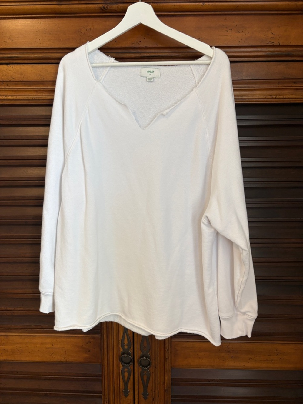 aerie white Relaxed V-Notch Pullover Sweatshirt distressed soft oversized